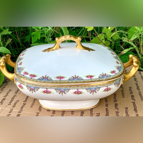 Vintage Limoges France Vignaud Square Gold Trim Lidded Vegetable Serving Bowl - Picture 3 of 16